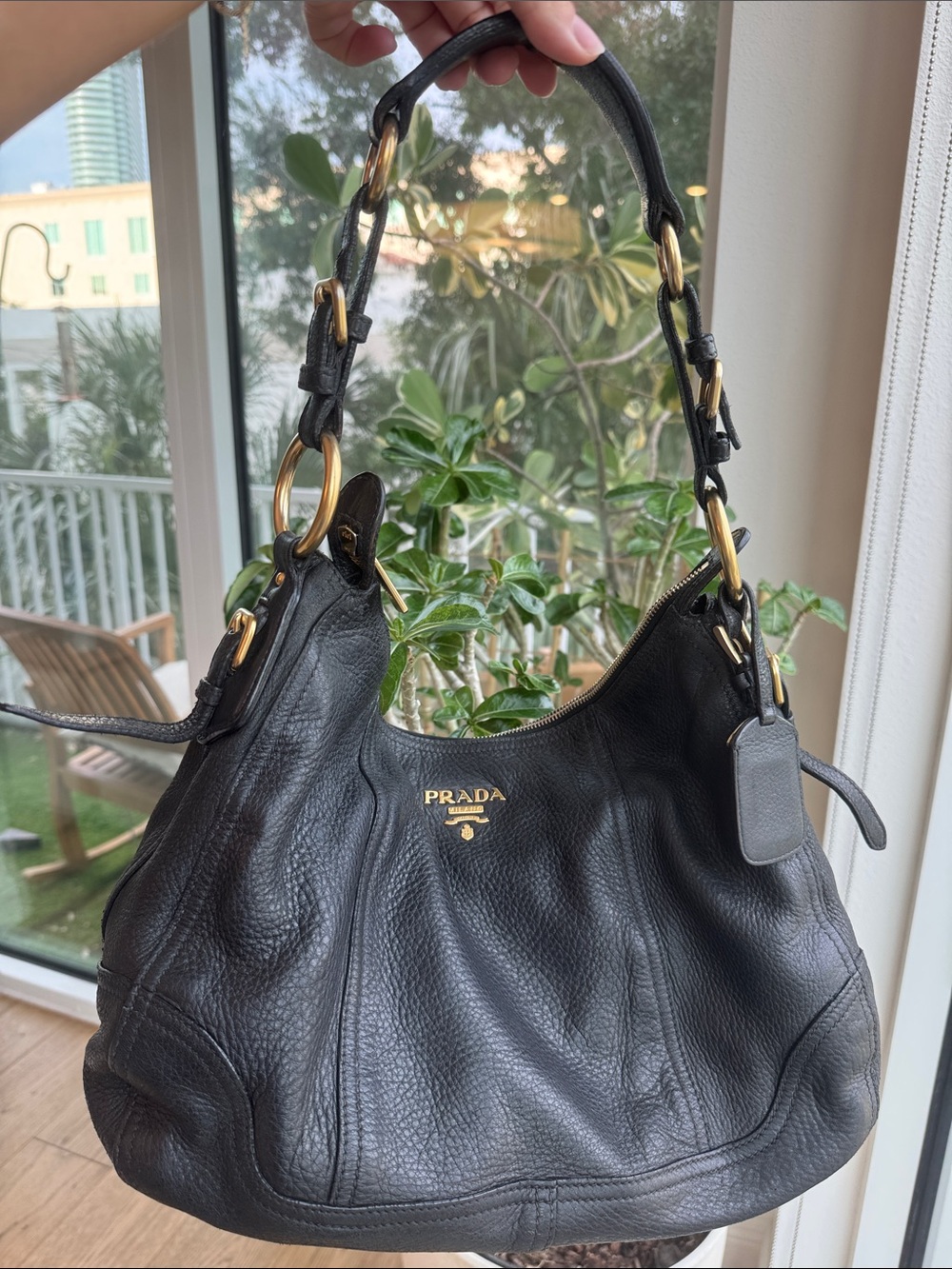 Prada Vitello Daino Leather Hobo Bag Black Gold Hardware, Authentic